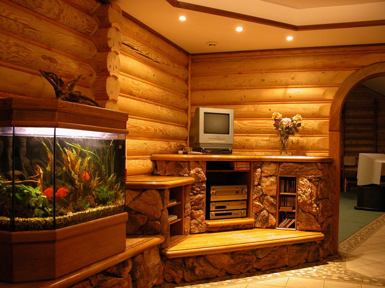 деревянный дом с аквариумом